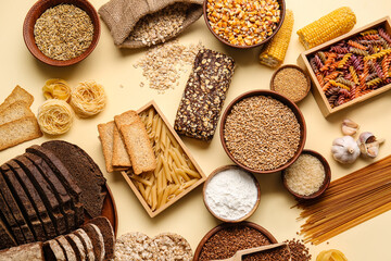 Set of different products on color background