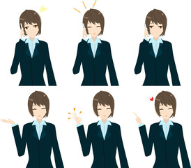 可愛いビジネスウーマン(上半身)表情・ポーズセット