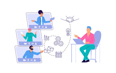 Virtual office, study or education, business planning concept. Man have Online meeting at remote work. Flat Art Vector Illustration.