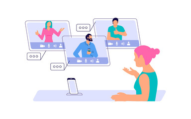Virtual office, study or education, business planning concept. Woman have Online meeting at remote work. Flat Art Vector Illustration.