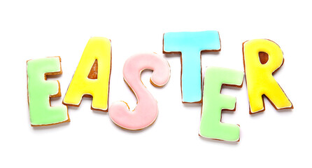 Word EASTER made of cookies on white background