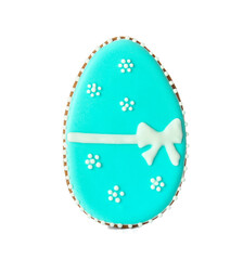 Tasty Easter cookie in shape of egg on white background