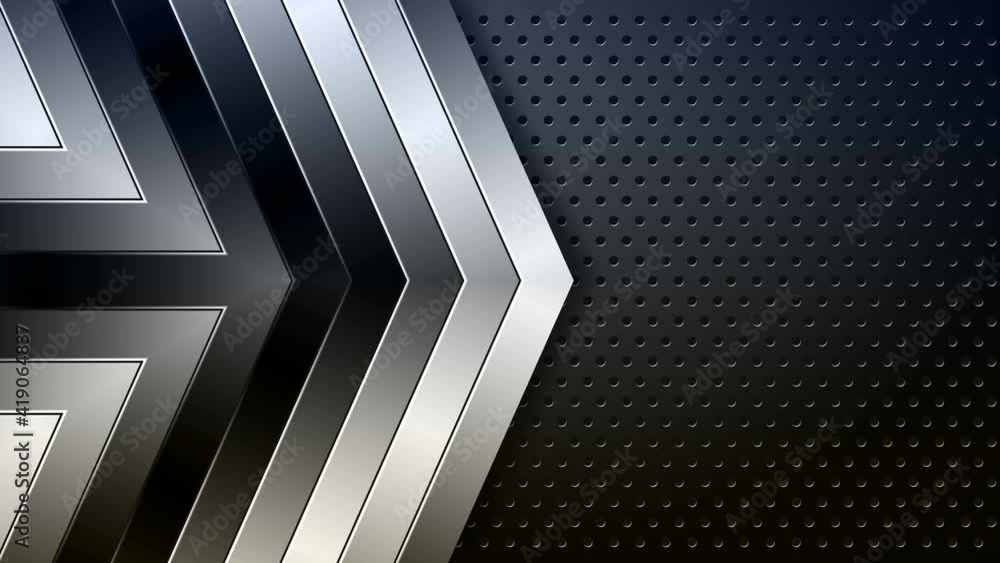 Poster metallic arrows on dark perforated background tech motion design. seamless looping. video animation 