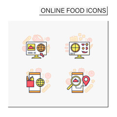 Online food color icons set. Dark store, pizza constructor online, food map, shopping. Shopping application. Isolated vector illustrations. Editable stroke