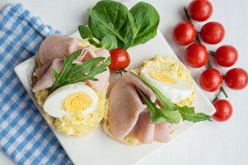 egg, ham, cheese dip, bread spread egg, ham, cheese  sandwich, finger party food, snack luch 