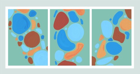 A set of abstract vertical paintings. 3 pieces. Oil painting. The minimalism of the round spots. Art in shades of blue, orange, and brown. For the design of the story in Instagram.