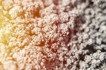 a blurry photo of the zoomed texture of the gray soil of the earth as a background. defocused. flare