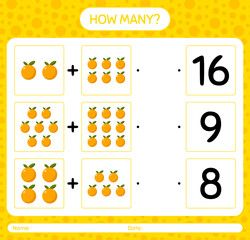 How many counting game with orange. worksheet for preschool kids, kids activity sheet, printable worksheet