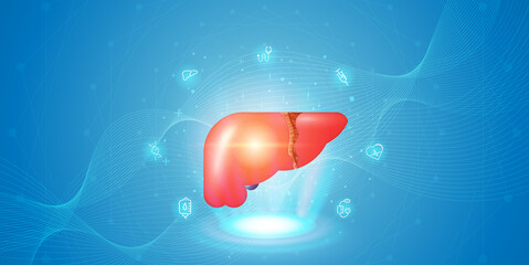 Human liver and treatment with technology innovation. A concept hospital for wallpaper and web.