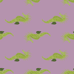 Green colored seahorse doodle ornament seamless pattern. Purple pastel background. Animal aquatic print.