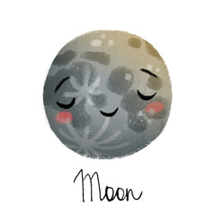 Cute bright Moon with cute smile face. Isolated on white background. Hand drawn illustration for children