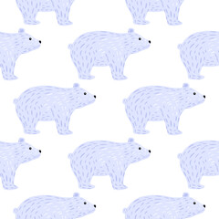 Zoo seamless pattern with cute doodle polar bear ornament. Isolated print with blue animal silhouettes.