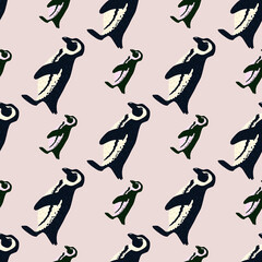 Wild nature animals seamless pattern with simple penguin silhouettes. Light pink background.