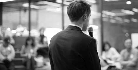 Conference photo audience and speaker giving speech. Seminar presenter at CEO forum. Real estate expert in training lecture. Investor pitch presentation workshop picture.
