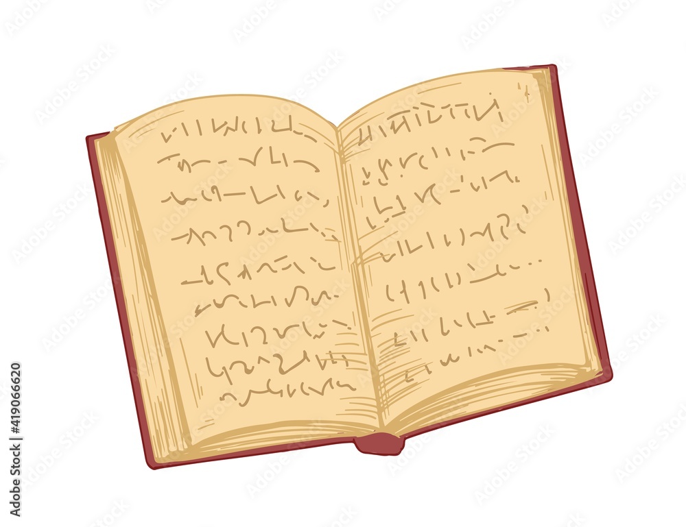 Poster open old book in hardback with ancient pages isolated on white background. antique diary, notebook o