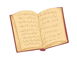 Open old book in hardback with ancient pages isolated on white background. Antique diary, notebook or notepad with notes. Colored hand-drawn vector illustration of antique literature