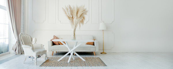 Stylish Scandinavian modern white cozy eco interior in minimalist style. Modern home decor with...
