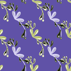 Bloom seamless pattern with nature floral branches shapes. Pastel blue backround. Flourish decorative artwork.