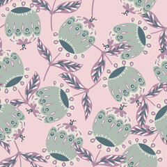 Random spring seamless pattern with light blue folk flowers buds elements. Light pink background.