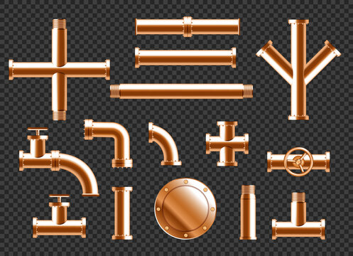 Copper water pipes, plumbing pipeline elements with taps, valve and connectors isolated on transparent background. Vector realistic set of 3d brass tubes for plumbing or drain system