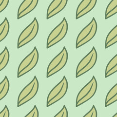 Pastel green leaves silhouettes ornament seamless pattern. Light blue background. Hand drawn nature backdrop.