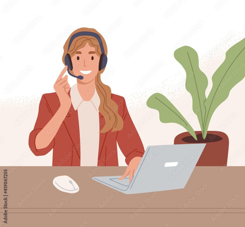 Poster Operator of call center working online with laptop and headset. Manager of customer support service consulting clients through internet. Colored flat vector illustration of digital helpdesk