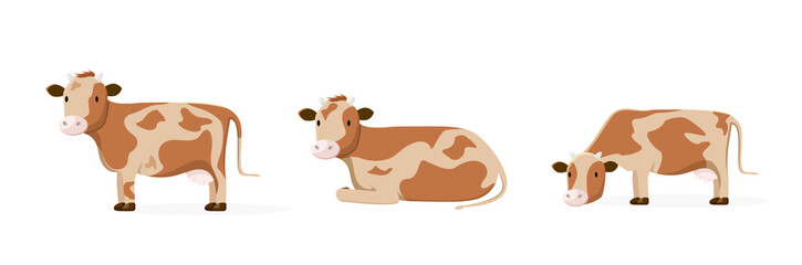 Set of three cows on a white background. Cute cows. Farm Animals