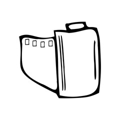 Camera film roll and photo film cartridge. Doodle vector illustration, simple cartoon line art.