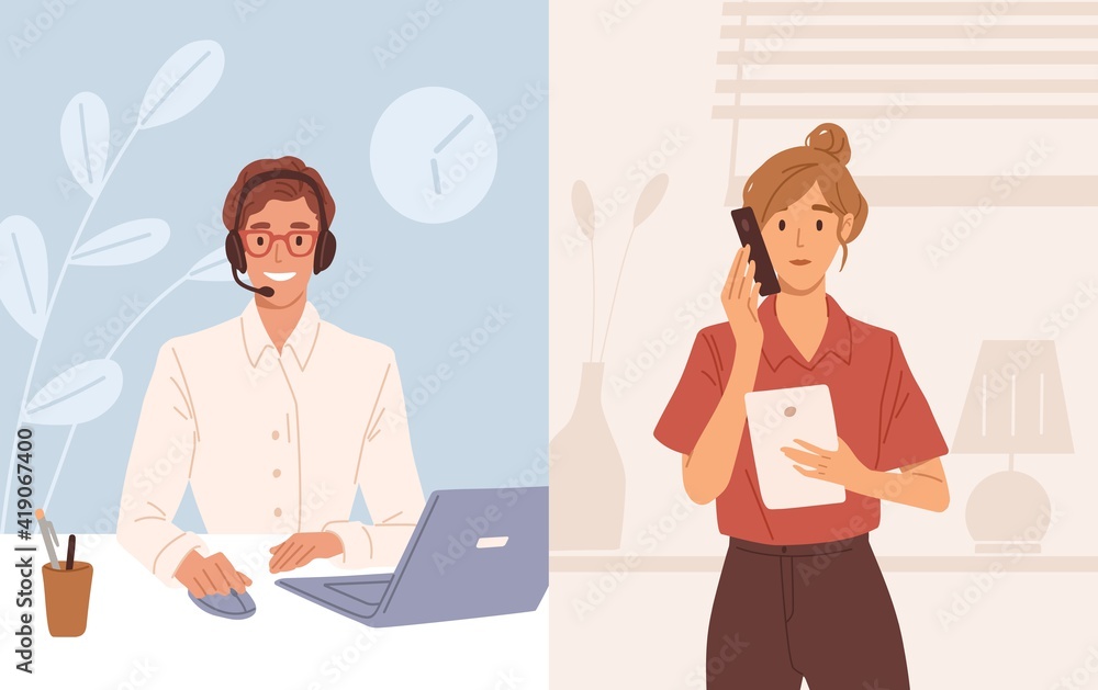 Aufkleber Woman with phone calling to customer support service. Operator of online consulting center during consultation with client. Colored flat vector illustration of online helpdesk or hotline