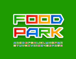 Vector creative banner Food Park. Bright color Font. Set of sticker Alphabet Letters and Numbers