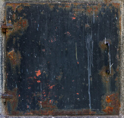 rusty metal square surface from the door of a box with red, black and orange tones with a white dripping - worn steampunk background
