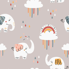 Baby seamless pattern with cute elephants.