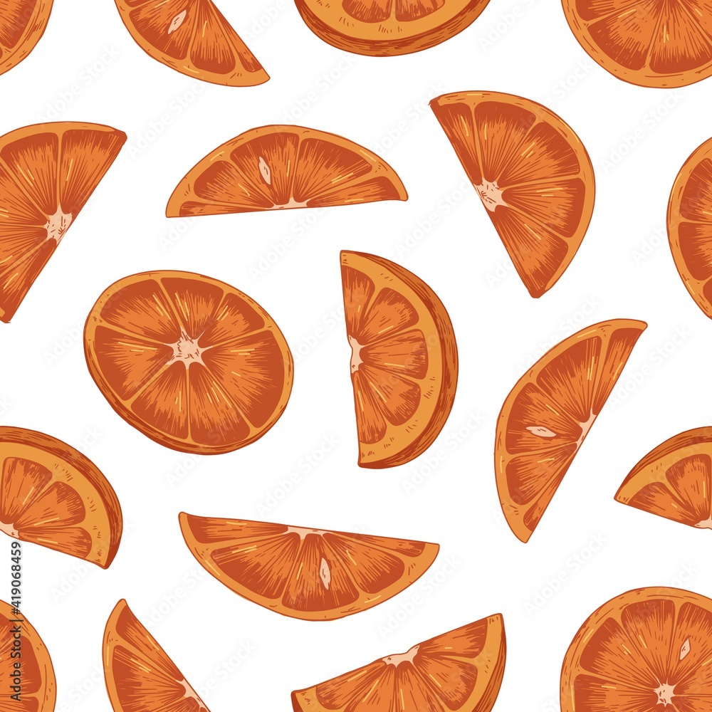 Poster Seamless pattern with slices and sections of orange fruit on white background. Endless repeatable design for printing and decoration. Hand-drawn detailed vector illustration for wrapping
