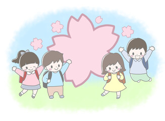 Obraz na płótnie Canvas かわいい小学生4人と大きな桜の花の春の入学進級手描き風イラスト