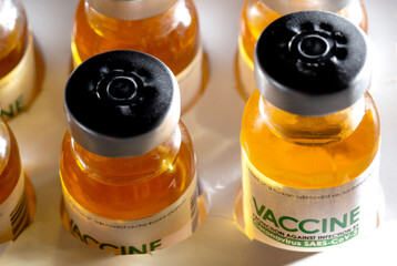 Coronavirus vaccine vials in packaging, macro. Covid treatment and vaccine