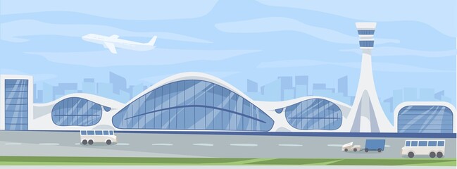 Horizontal landscape with modern airport building, transfer buses, special transport and taking off airplane in sky. Colored flat cartoon vector illustration of air station, runway and plane © Good Studio