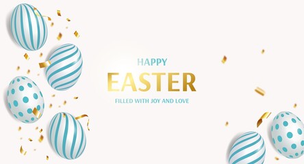 Easter poster and banner template with realistic eggs and realistic golden confetti on a white background. Vector illustration of happy Easter holiday. Promotion and shopping template for Easter Day.