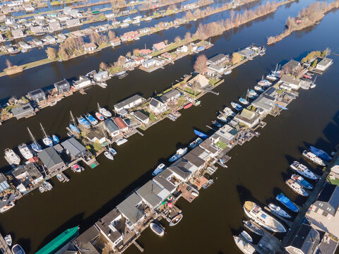 Aerial of the harbour of Scheendijk Loosdrechtse Plassen near Breukelen in The Netherlands. Waterways landscape.