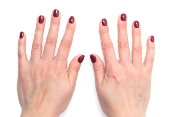 burgundy nail polish on a white background