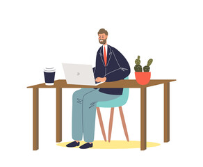 Fototapeta premium Businessman working on laptop computer typing sitting at office desk with coffee cup