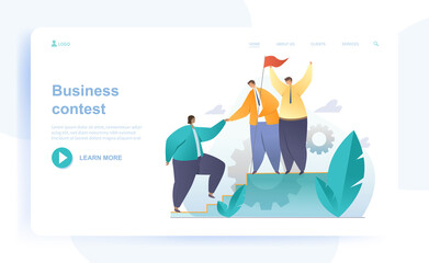 Male and female characters are participating in business contest. Man helps colleague to climb up stairs. Business team won. Website, web page, landing page template. Flat cartoon vector illustration