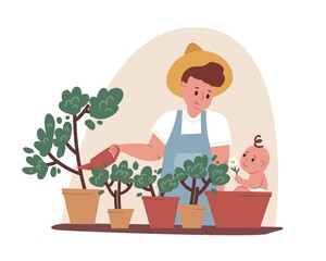 Young father doing gardening with baby, sitting in pot. Dad watering plants. Household chores and fatherhood concept. Colored flat cartoon vector illustration isolated on white background