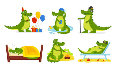Obraz premium Crocodile cartoon characters set. Cute alligators collection. Funny crocodiles in various poses. Vector illustration.