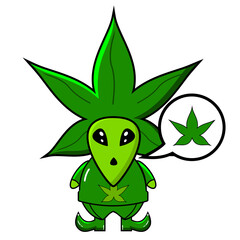 marijuana alien mascot cartoon character design graphic illustration with marijuana chat bubble