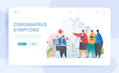 Sick female character is having coronavirus symptoms at work. oronavirus symptoms. Colleagues are standing aside in masks. Website, web page, landing page template. Flat cartoon vector illustration