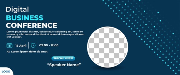 Modern horizontal banner design for business. Blue background with a dots pattern. Business banner template with place for text. Vector design.