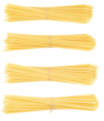 Collage bunch of pasta isolated on white background. spaghetti tied with rope