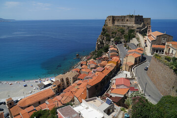 Historic harbour town Scilla with beautiful beach and turquoise sea, popular tourist and travel destination, Calabria, Italy