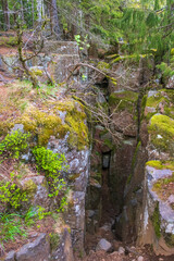 Rock crevice with a hiking trail in an old forest