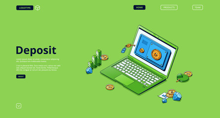 Deposit banner. Concept of money safety storage, investment and bank deposit. Vector landing page with isometric illustration of safe box on laptop screen, gold coins and key